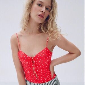 ZARA-Red Star Print Lace-Up Bodysuit-Corset Front Satin Camisole Top Size MEDIUM